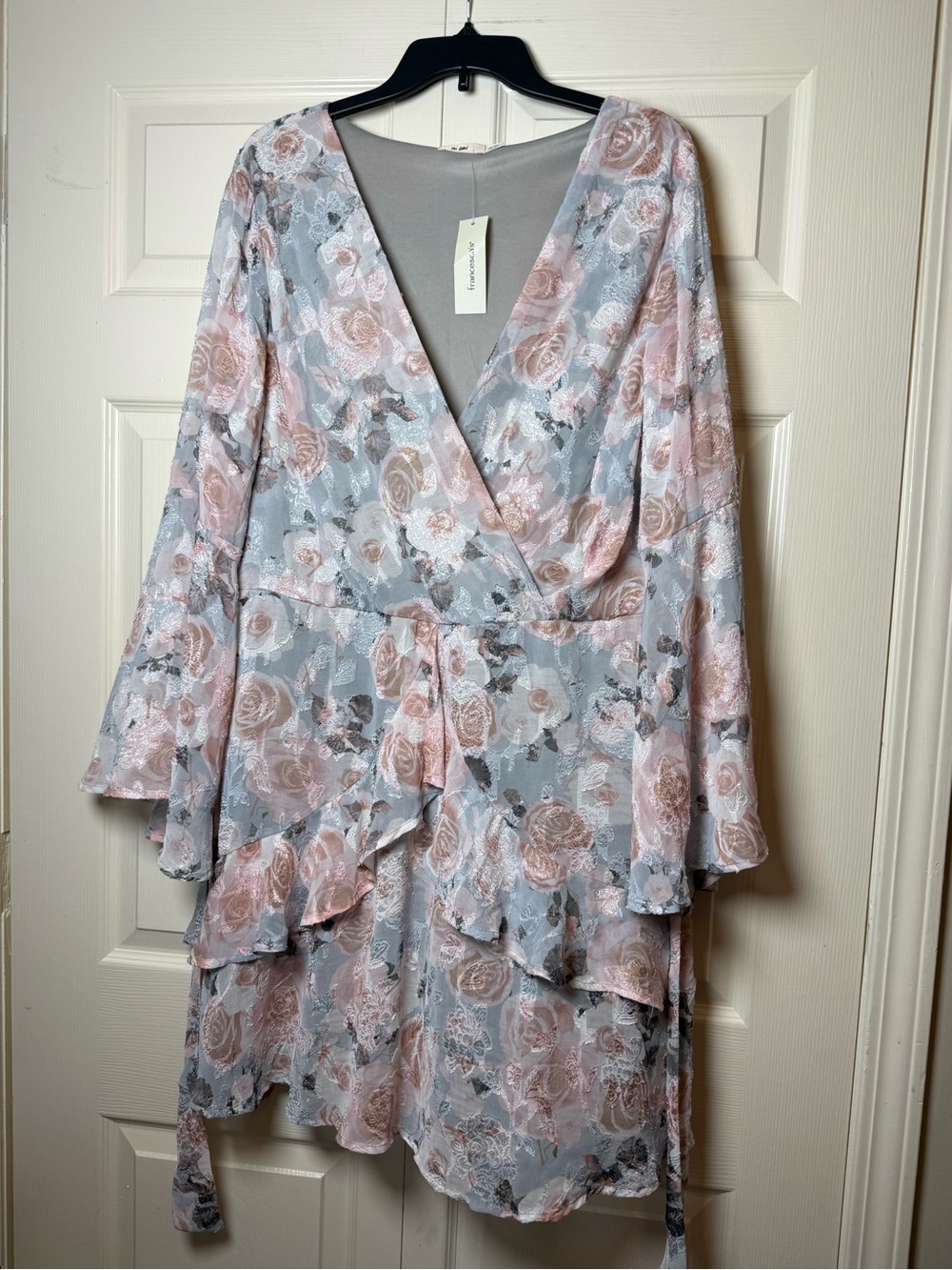 Francesca's Mi Ami light blue floral bell sleeve mini dress with ruffle details